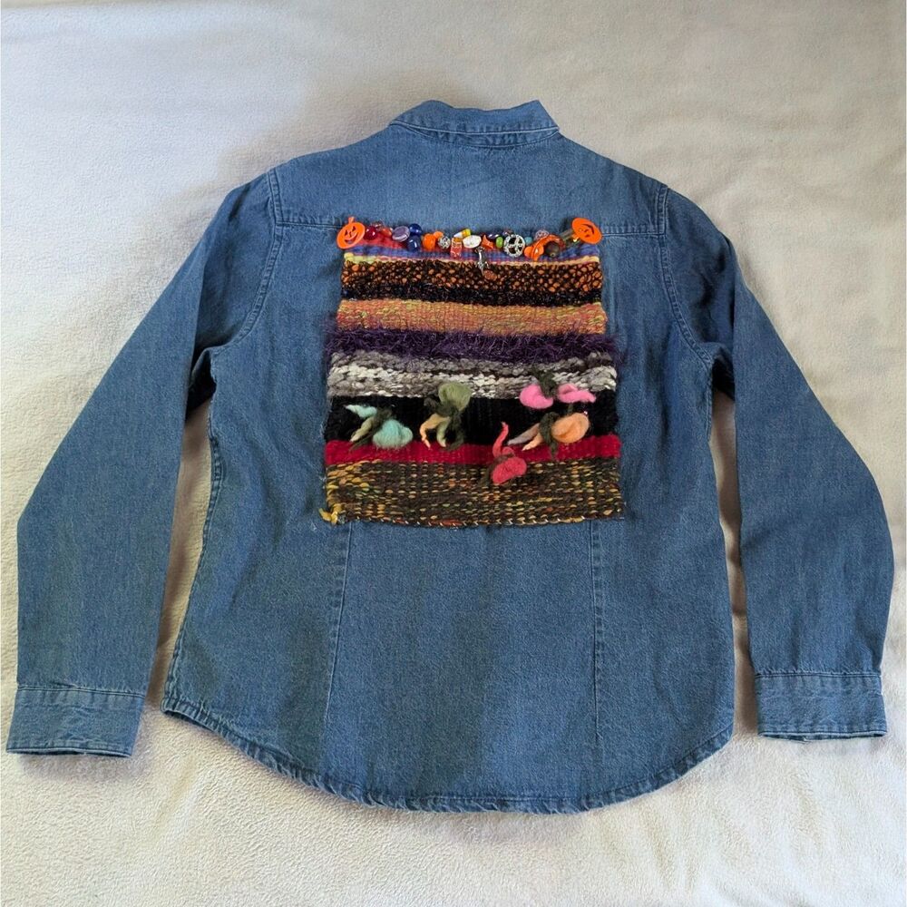 Vintage Needle Felted Upcycled Denim Shirt Women's XL Blue Halloween - Picture 2 of 7